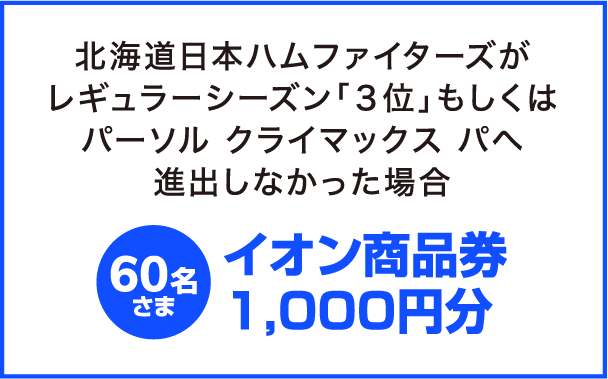 北海道日本ハムファイターズがレギュラーシーズン「３位」もしくはパーソル クライマックス パへ進出しなかった場合 イオン商品券1,000円分 60名さま